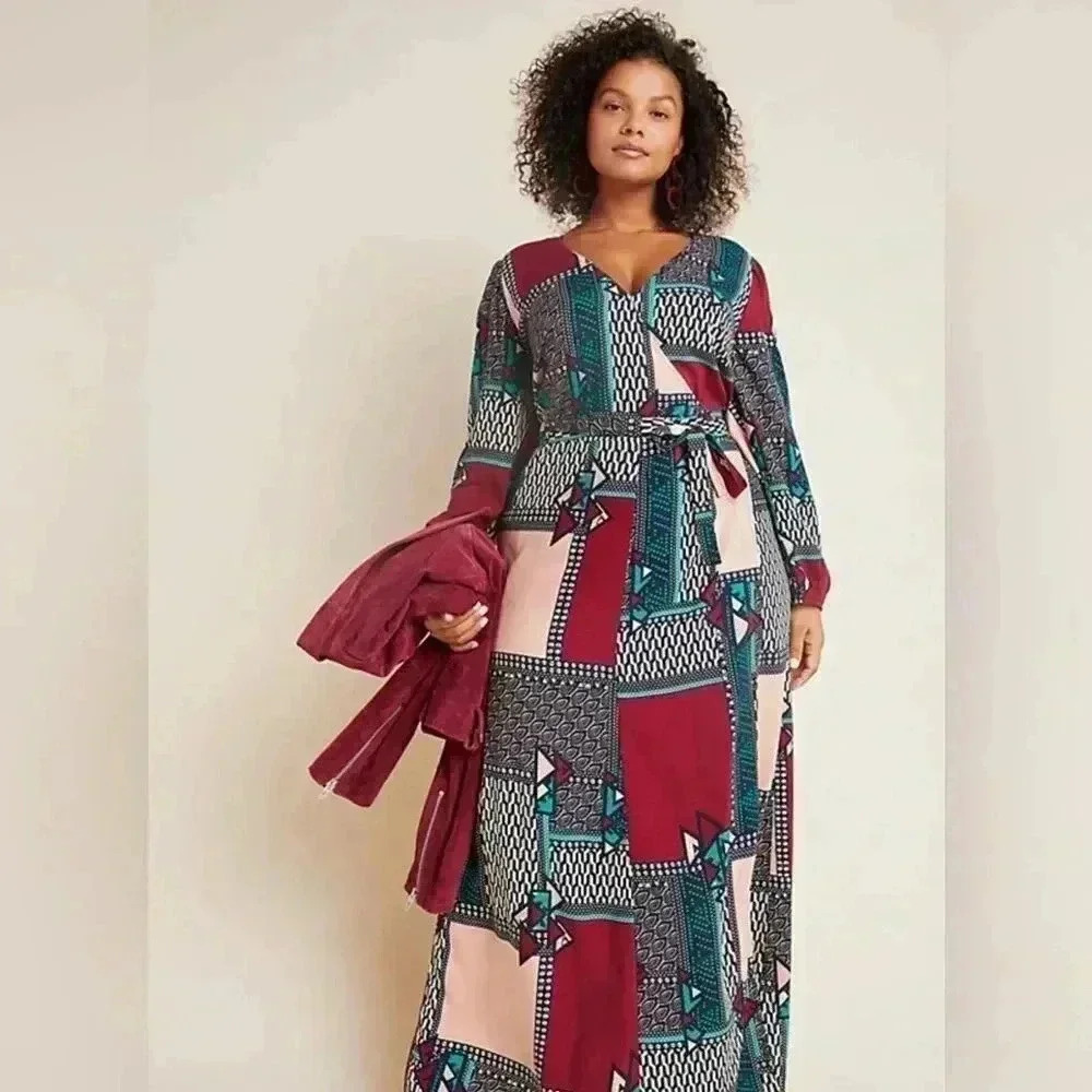 Anthropologie Patchwork Maxi Dress in Burgundy, Teal, and Blush